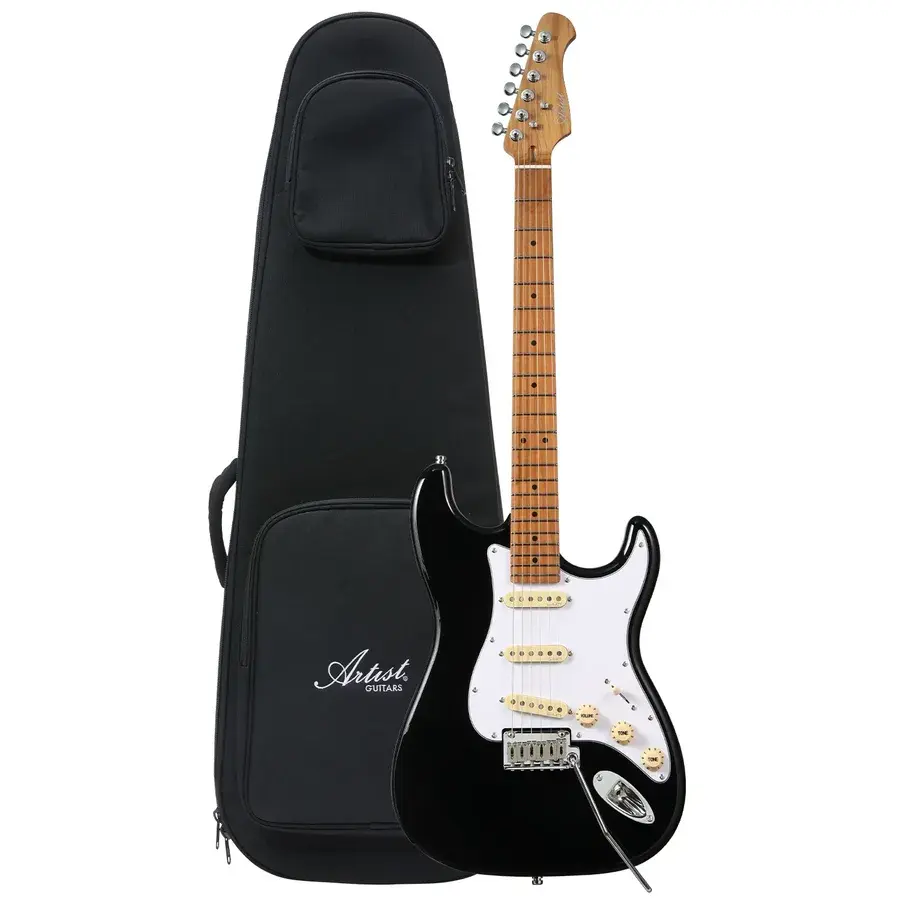 Artist AS50 Black electric guitar with AntiHum Alnico V pickups and padded bag, a player-grade higher end guitar